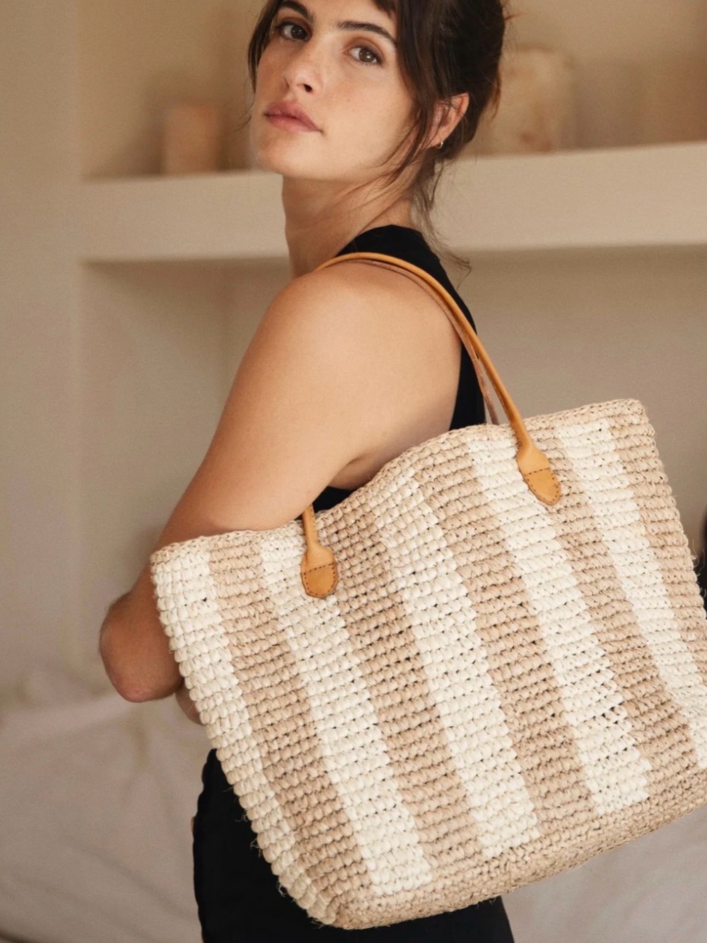 Bembien Franci Beach Woven Straw Tote Bag Natural Cream Stripe
